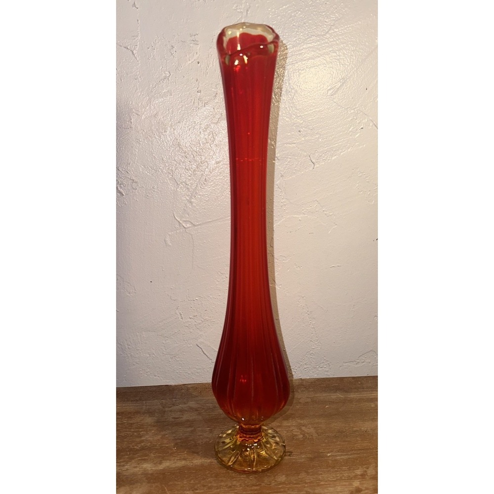 L.E. Smith Simplicity Ribbed Pedestal Swung Vase Flame Red Amberina